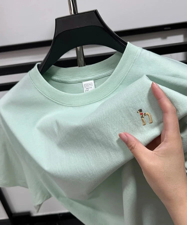 100% pure cotton new high-end brand men's round neck short sleeved T-shirt summer fashion dog embroidery Korean loose design top