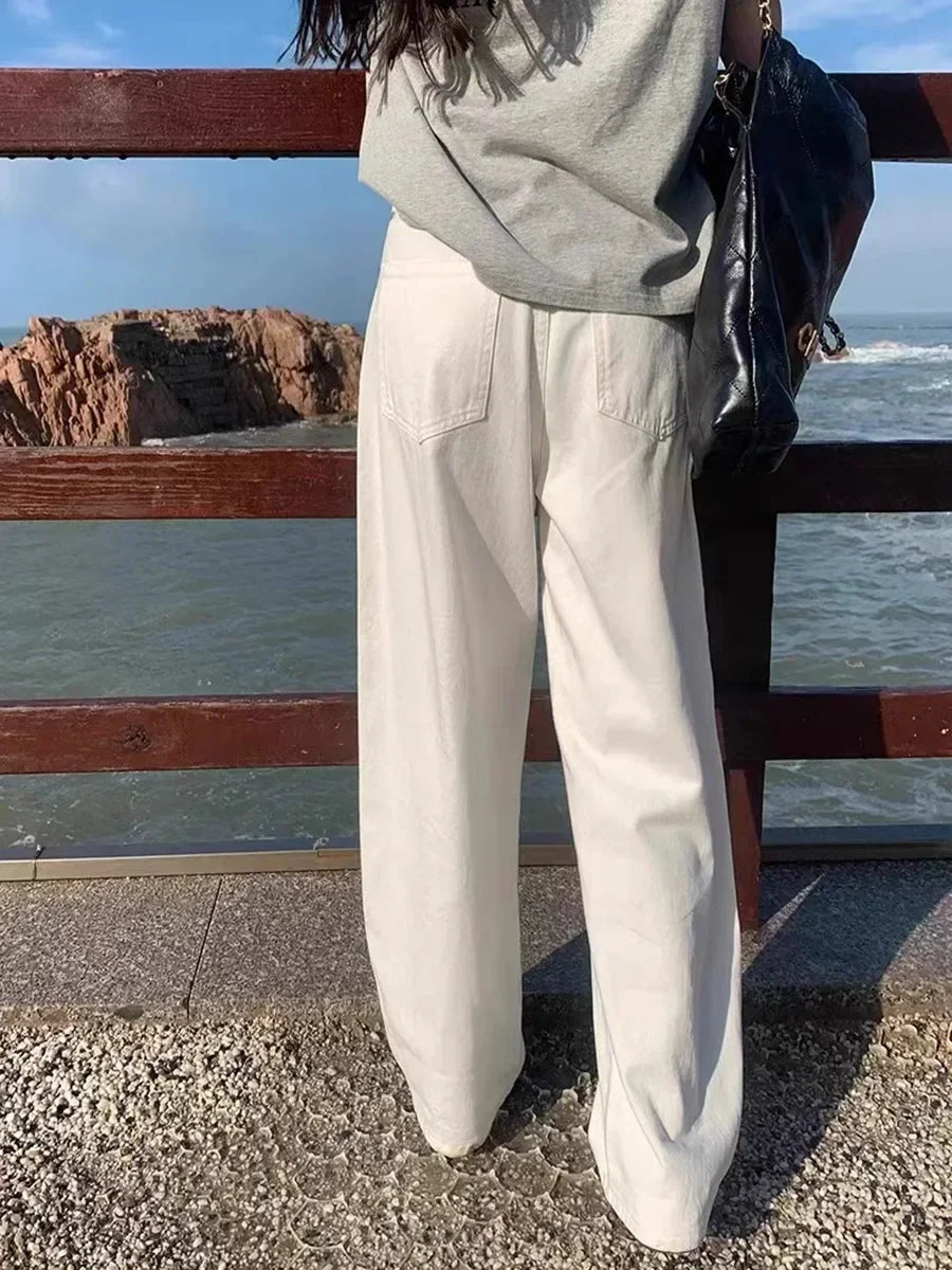 ZOENOVA 2024 New Straight Jeans Women White Plus size High Waist Loose Wide Leg Pants Spring Baggy Korean Fashion Pants
