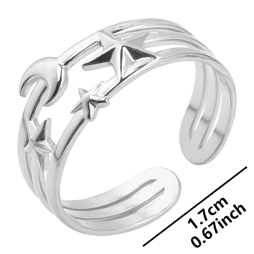 Wholesale 6pcs Steel Color Rings Hug Snake Love Star Moon Shell Leaf Shaped Rings Stainless Steel Women Jewelry Charms No Fade