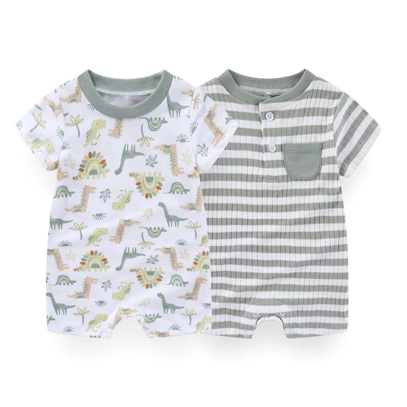 2 Pcs Cartoon Dinosaur Baby Boy Flat-angle Jumpsuits Short Sleeves Newborn Rompers 0-9M Infant Clothes