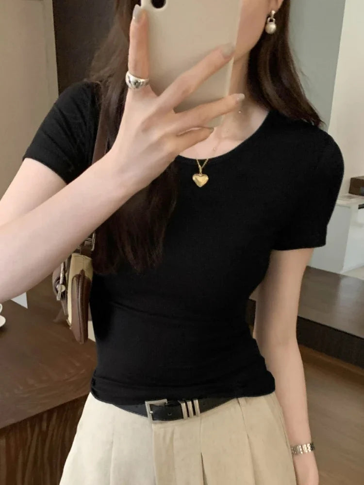 O Neck Solid T Shirt For Women Basic T-shirts Female Casual Tops Long Sleeve Sexy Slim Tees Korean Style Womens Clothin 2025g