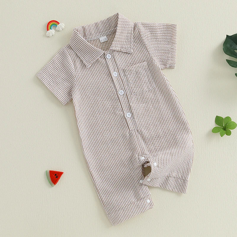 0-18M Newborn Baby Boy Summer Clothes Stripe Short Sleeve Dress Shirt Romper Button Jumpsuit Gentleman Outfit