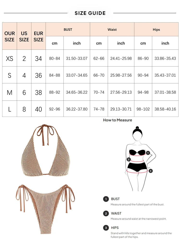 Women's Swimsuit Swimwear Matching Multiway Contrast Fishnet Halter Bandeau Tie Side Tanga Two Piece Bikinis Female Bikinis Set