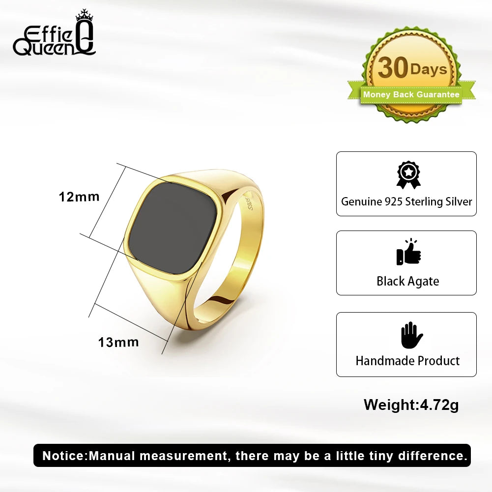 Inele Effie Queen Eternity din argint 925, aur de 18K, 12 mm, design minimalist cu agat negru, mărime 10/11/12/13, cadou de petrecere NMR01
