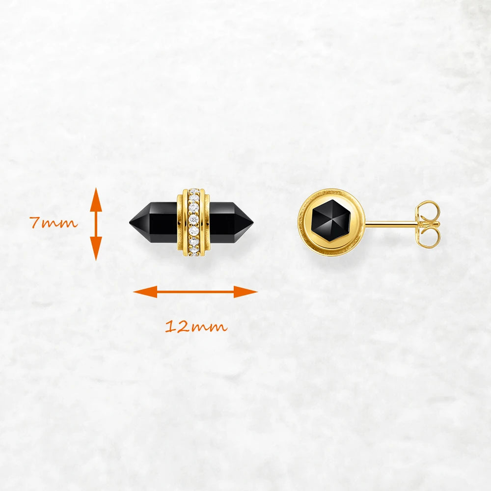 Gold Plated Ear Studs Hexagonal Onyx Europe Vintage Fine Jewerly For Women Gift In Pure 925 Sterling Silver