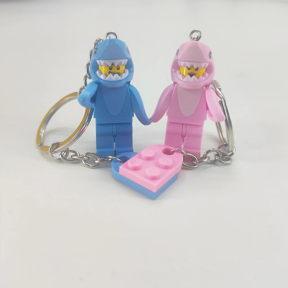 Cartoon Shark Couple Keychains Set - Matching Pink & Blue Anime Keyring Charms for Lovers, Cute Bag/Car Decor Gift for Him Her
