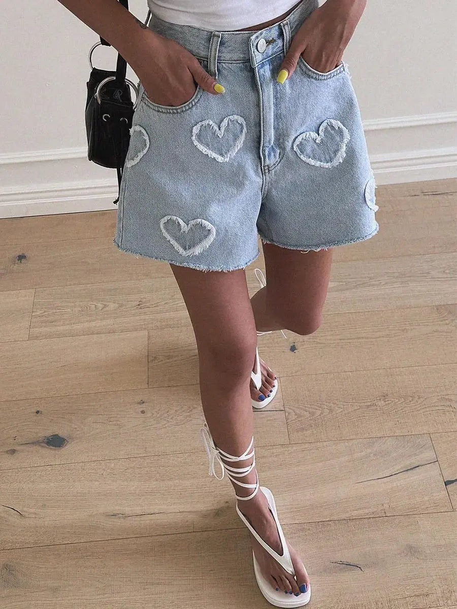 Women's Jeans Shorts Blue Cute Raw Edge Heart Pattern High Waist Fashion Denim Hot Pants Y2k Summer Casual Clothing