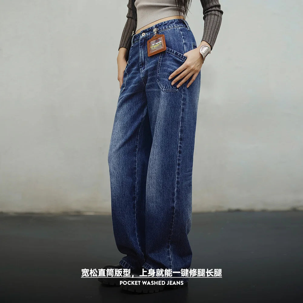 Maden Wide-Leg Jeans for Women 11.8OZ Washed Denim Multipocket Straight Pants Mid-waist Cotton Denim Jeans Streetwear Autumn