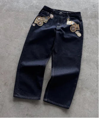 Y2K Minimalist Men's Jeans Retro Pocket Embroidered Loose Korean Casual Harajuku High Waist Aesthetic Couple Wide Leg Pants