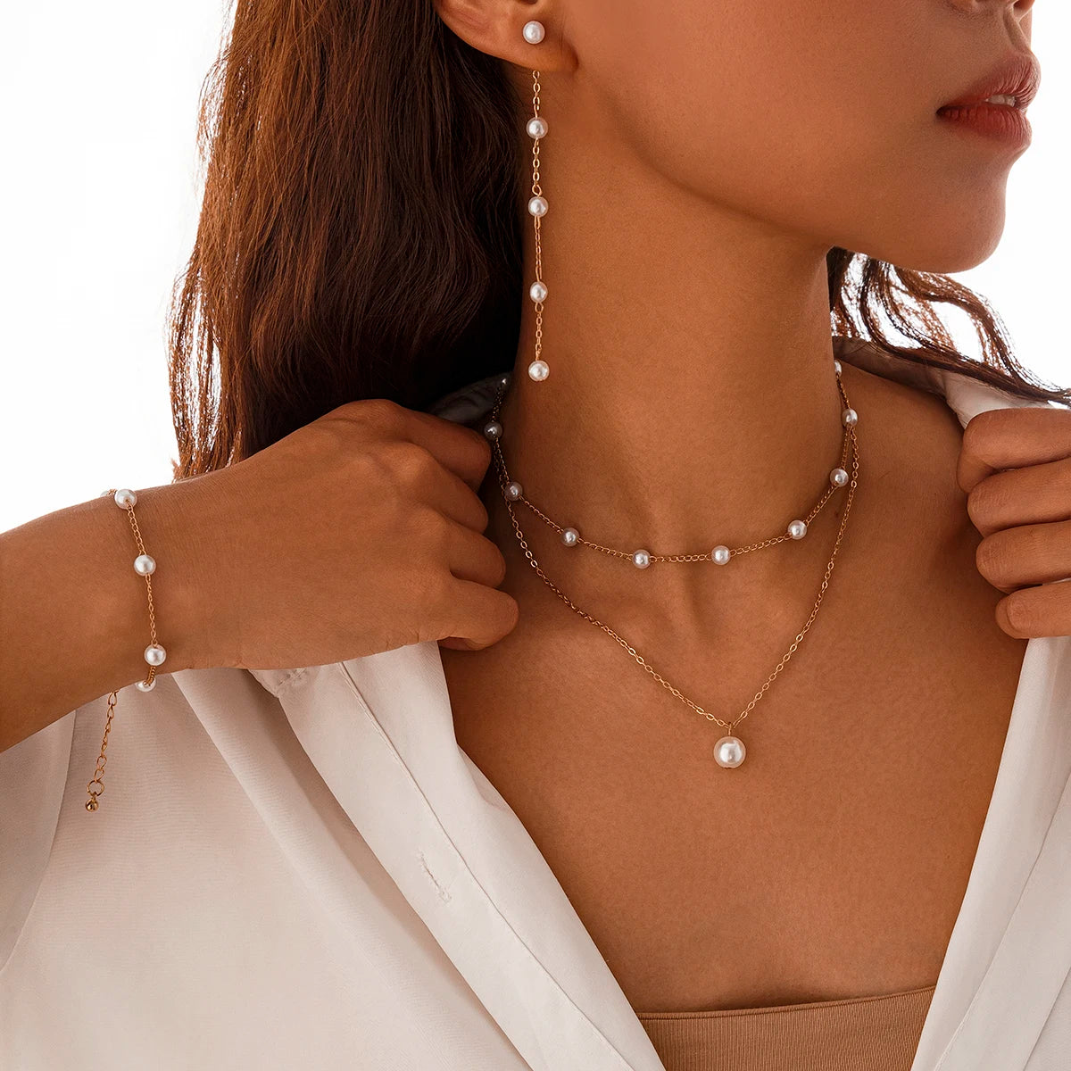 Ingemark Elegant Imitation Pearl Chain Necklace Bracelet Drop Earrings for Women Wed Bridal Jewelry Set Party Accessories Gift