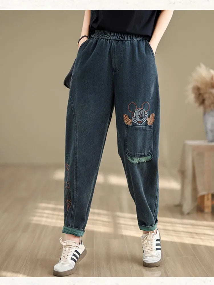 Oversized Jeans Spring Pant Women Cartoon Embroidery Fashion Elastic High Waist Ladies Trousers Loose Casual Woman New Pants