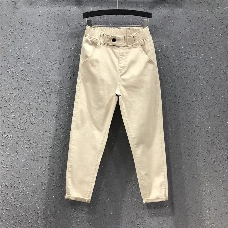New Spring Summer Women Casual Harem Pants All-matched Casual Cotton Denim Pants Elastic Waist Solid Yellow White Jeans Female