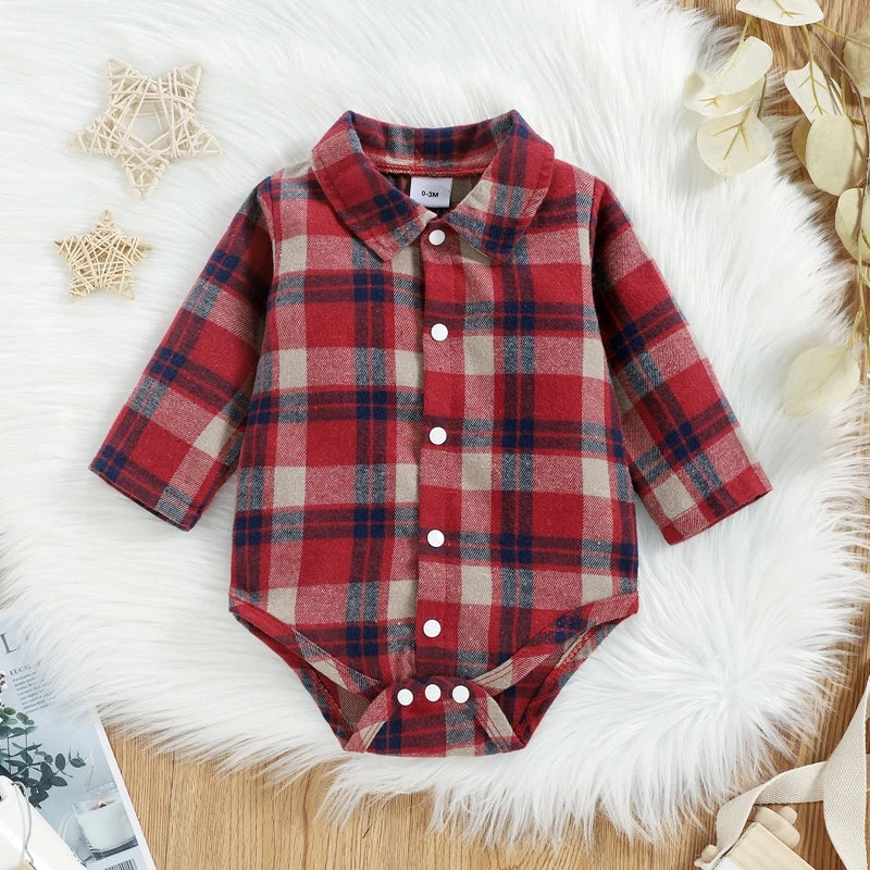 0-18M Baby Boys Spring Fall Clothes Set Newborn Infant Long Sleeve Plaid Shirt Romper + Animal Dog Denim Suspender Pant Overalls