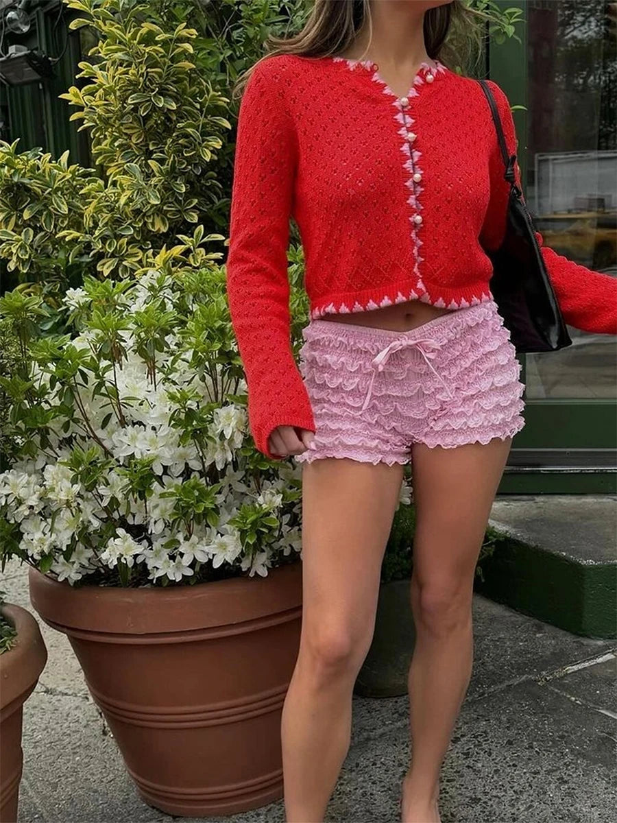 Y2K Coquette Women's Mini Shorts Layered Lace Frill Trim Elastic Waist Tie-Up Bow Bloomer Shorts for Summer Streetwear