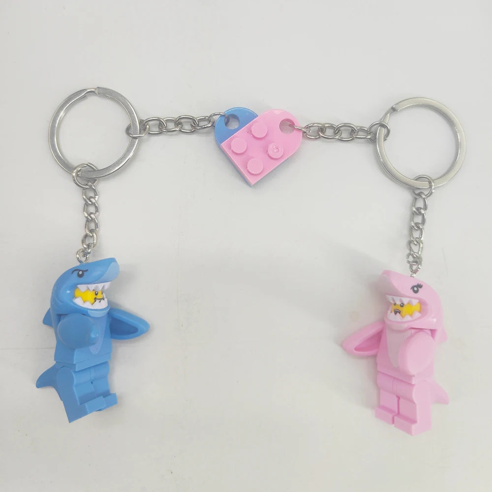 Cartoon Shark Couple Keychains Set - Matching Pink & Blue Anime Keyring Charms for Lovers, Cute Bag/Car Decor Gift for Him Her