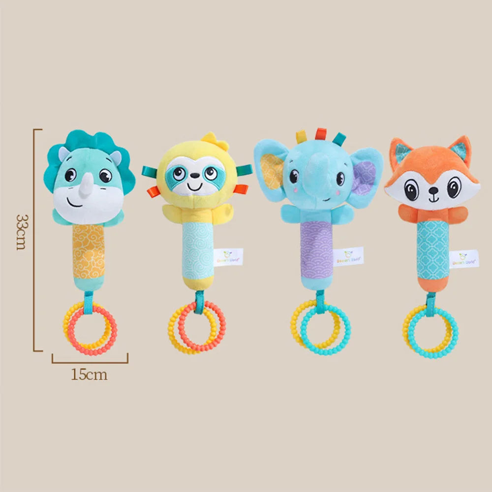 Baby Rattles Soft Hand Crank Toys Cartoon Animal with BB Call Voice Plush Toys Squeaky Sensory Travel Accessories for Toddler