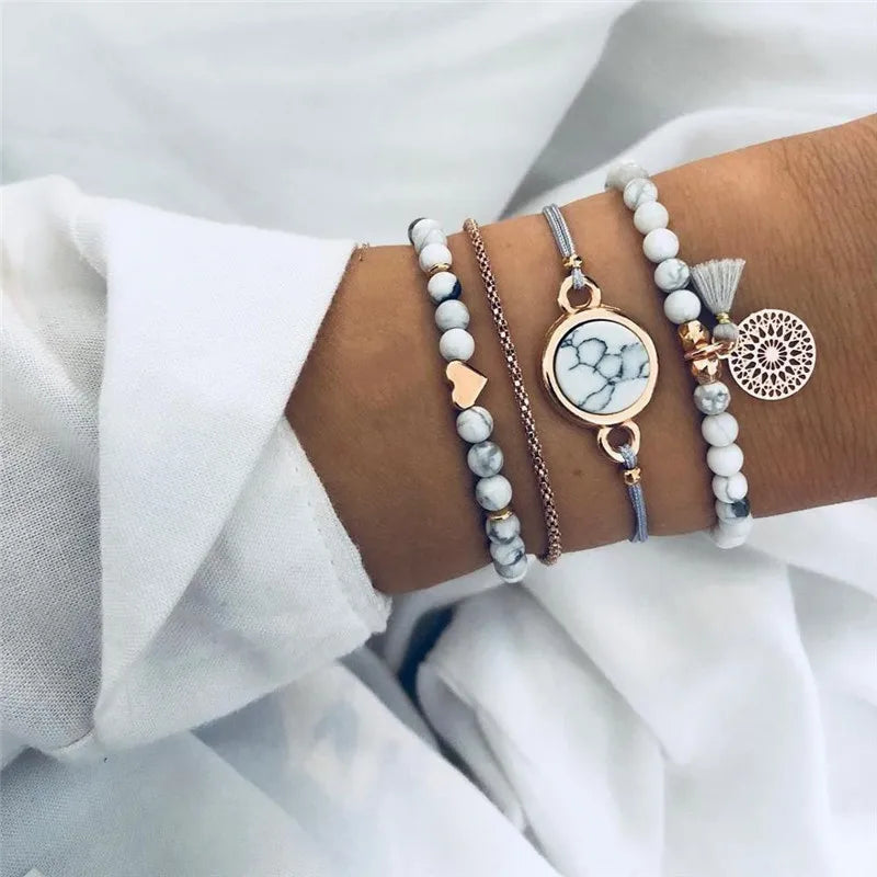 YOBEST 2024 New Heart Beads Chain Bracelets for Women, Silver Color Trendy Geometric Bracelets Set, Party Jewelry Accessories