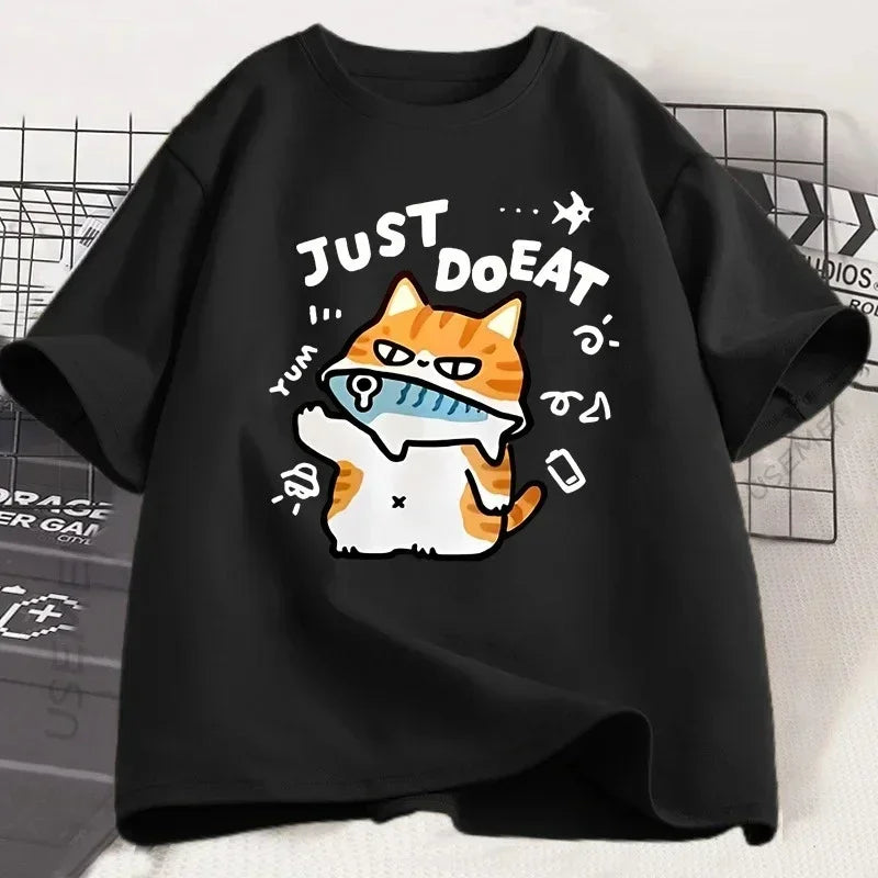 Funny Cat Eat Fish T-shirt for Women Summer Tops Tshirts O-neck Women Clothing Streetwear Short Sleeve Fashion Street Clothes