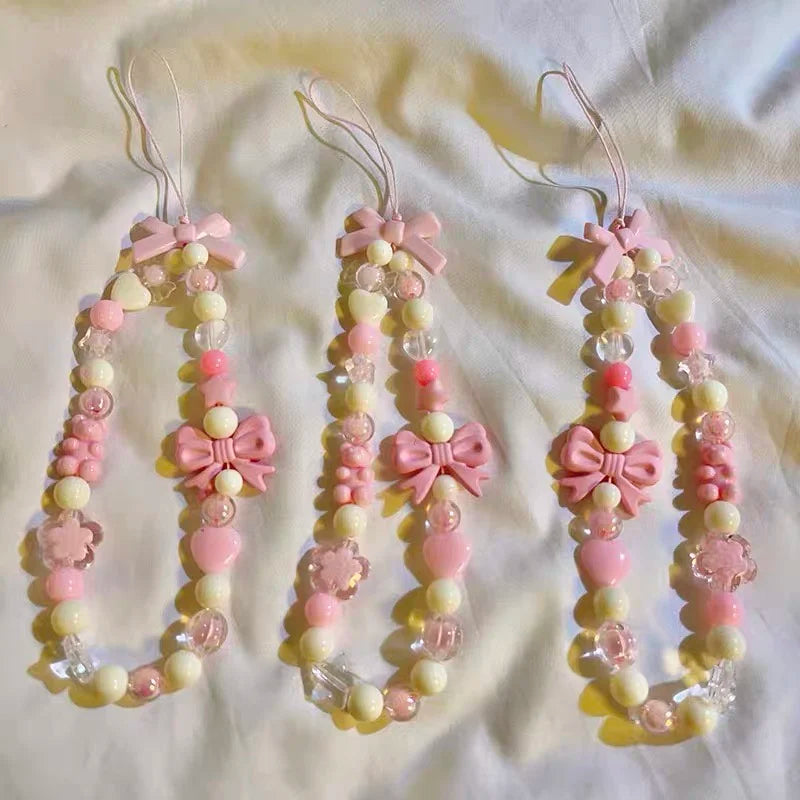 Bowknot Beaded Mobile Phone Chain Charm Acrylic Heart Beaded Pendant Phone Hanging Lanyard Strap Women Girls Sweet Accessories