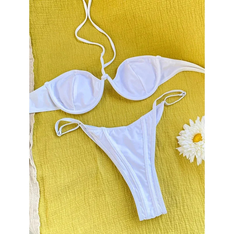 OIINAA Bathing Suit Women Sexy Solid Bikini Set Halter Leopard Printed Swimwear Patchwork Lace Up Two-pieces New Thong Beachwear