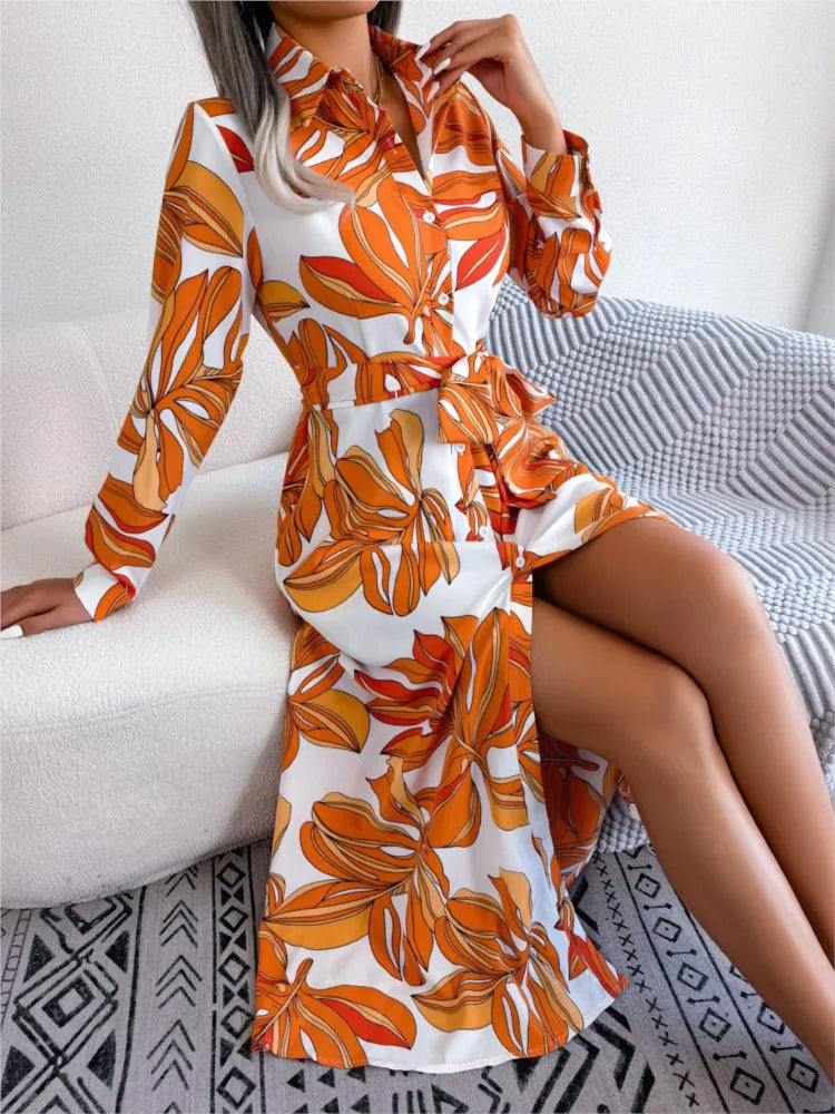 Women's Spring Summer New Fashion Print Contrasting Flower Lapel Tie Waist Cinched Long Sleeved Shirt Skirt Mid Length Skirt