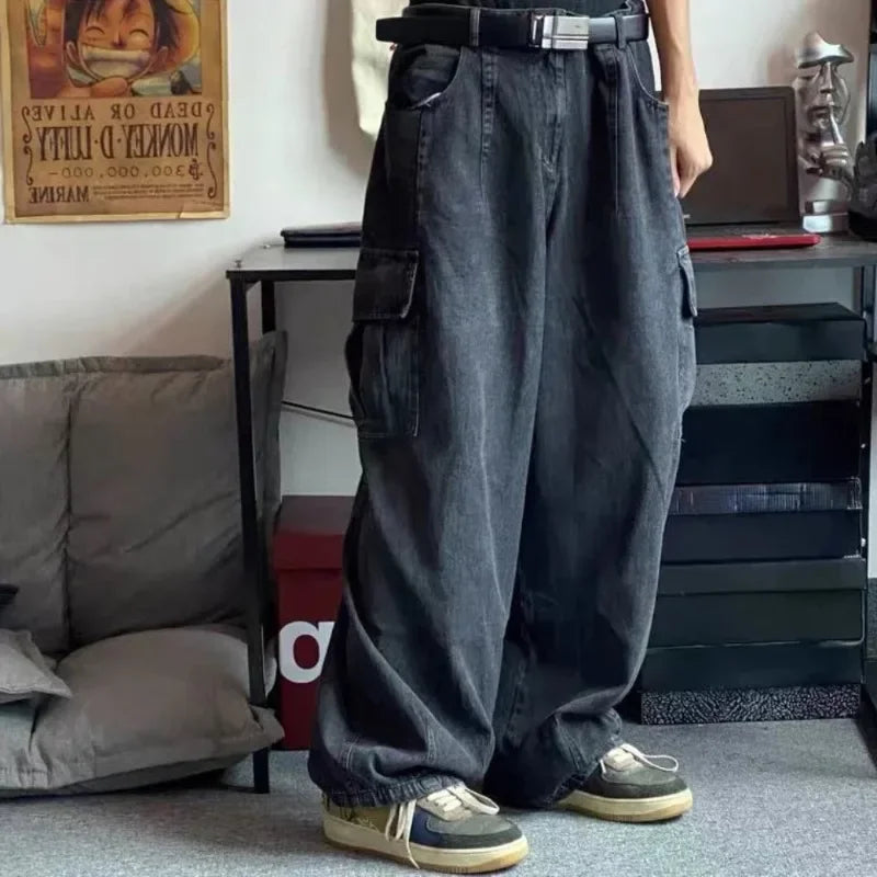2024 New Black Baggy Jeans Men Oversize Korean Fashion Cargo Wide Denim Pants Streetwear Y2k Pants Male Sweatpants