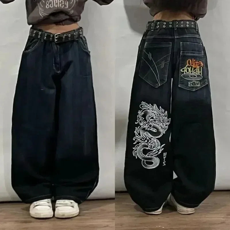 2024 New American Fashion Retro Hip hop Embroidery Pattern Baggy Jeans For Mens Womens Y2K Harajuku Gothic Wide Pants Streetwear