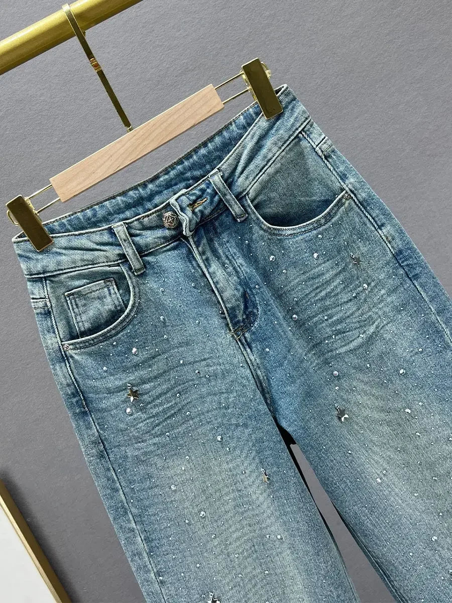 Rhinestone Pendant Design High Waist Wash Jeans Women's Summer Loose Slimming and All-Matching Straight-Leg Pants