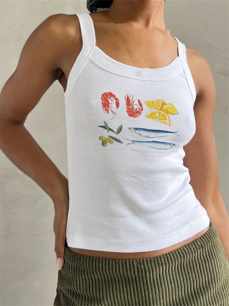 CHRONSTYLE Women Summer Print Cropped Tank Tops Slim Fit Round Neck Sleeveless Vest Tops Slim Fit Casual Clothes Streetwear 2024