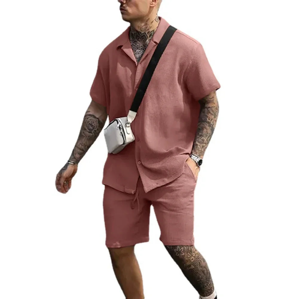 2023 Men's Sets New Casual Comfortable Button Short Sleeve Polo Shirt and Shorts Two Piece Set for Men Fashoin Sweatpants Suit