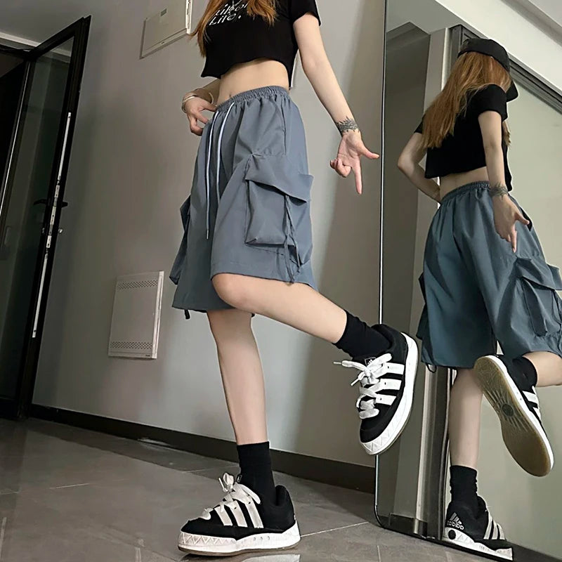 Gidyq Women High Waist Cargo Shorts American Style Streetwear Summer Wide Leg Pants Fashion Female Big Pocket Loose Shorts New
