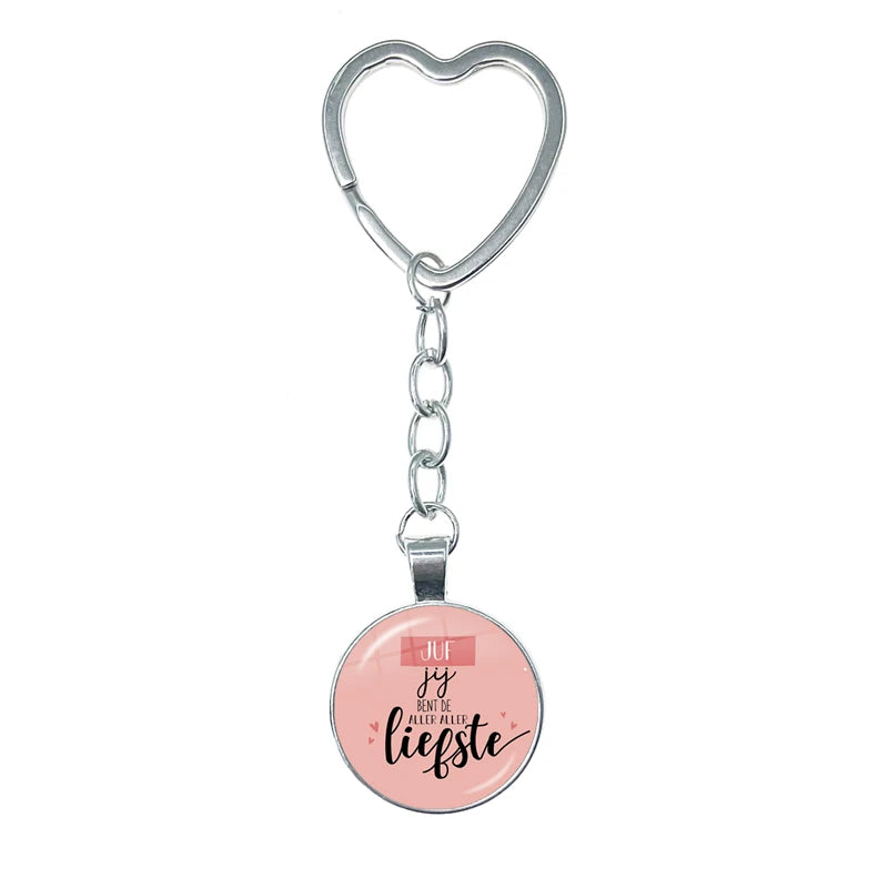 VOOR DE Liefste Juf Sleutelhanger Glass Heart Keychain Anneau Porte Clef Bedankt Juf Cadeau Letter Thank You Dear Teacher Gift