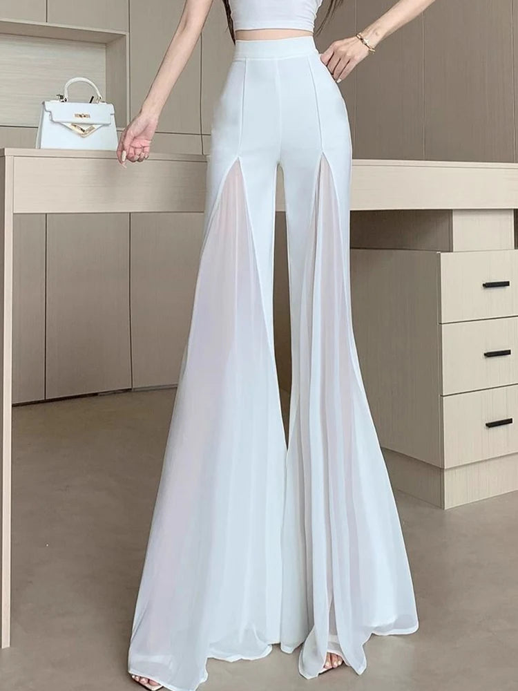 Zoki Chic Mesh Patchwork Flare Pant Women Casual Fashion Loose High Waist White Trousers Elegant Design Lady Summer Sweet Pants