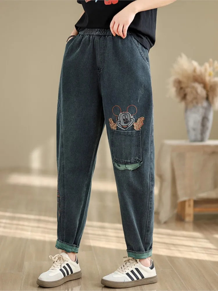 Oversized Jeans Spring Pant Women Cartoon Embroidery Fashion Elastic High Waist Ladies Trousers Loose Casual Woman New Pants