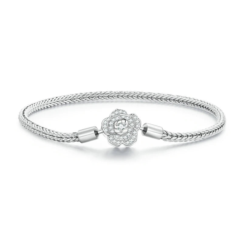 WOSTU 925 Sterling Silver Rose Flower Shiny CZ Basic Snake Chain Bracelets Charm Women Hand Wrist Bangle DIY Jewelry Making Gift
