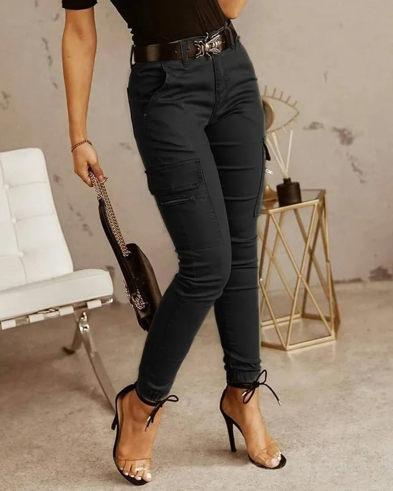 Pockets Small Feet Slim Fit Trousers Women Streetwear Cargo Pants Women Low Waist Button Solid Color