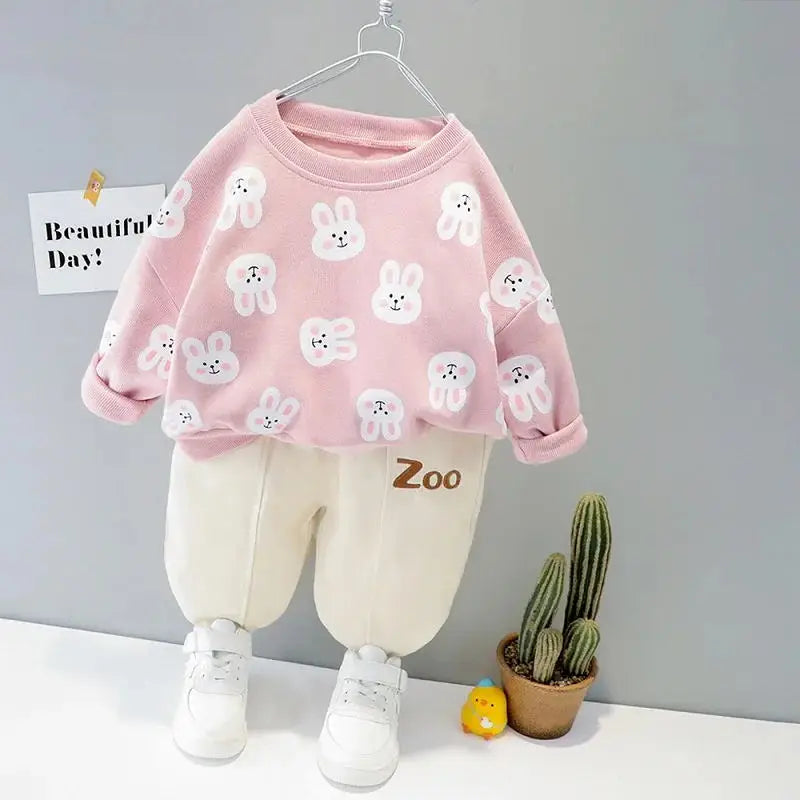0-5-year-old cartoon two-piece set of long-sleeved spring new boys and girls casual sports suits top+pants mother kids