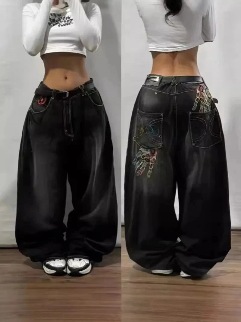 Y2K American New Fashion Oversized Printed Washed Black Baggy Jeans Women Gothic Harajuku Vintage Rock High Waist Wide Leg Pants