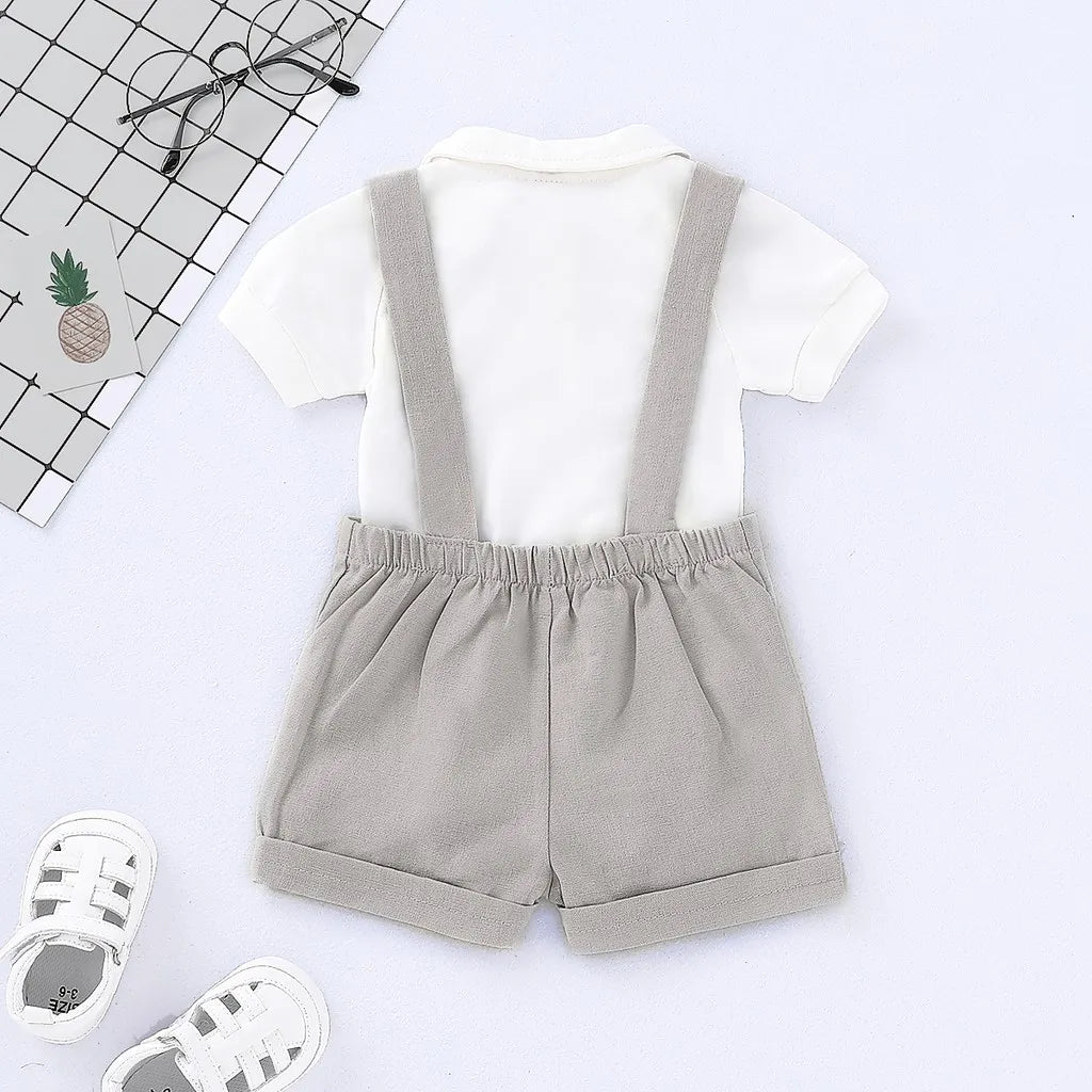 0-24 Months Baby Boy Outfits Gentlemen Suit Wedding Party Set Lapel Romper with Bow Tie+Suspender Shorts 2PCS Summer Wear