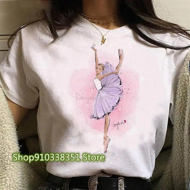 2023 Ballet Dancer Printed T Shirt Women T Shirt 90s Cartoon Graphic Tops Ladies T-shirt Casual Woman Shirt Clothes Fashion Tee