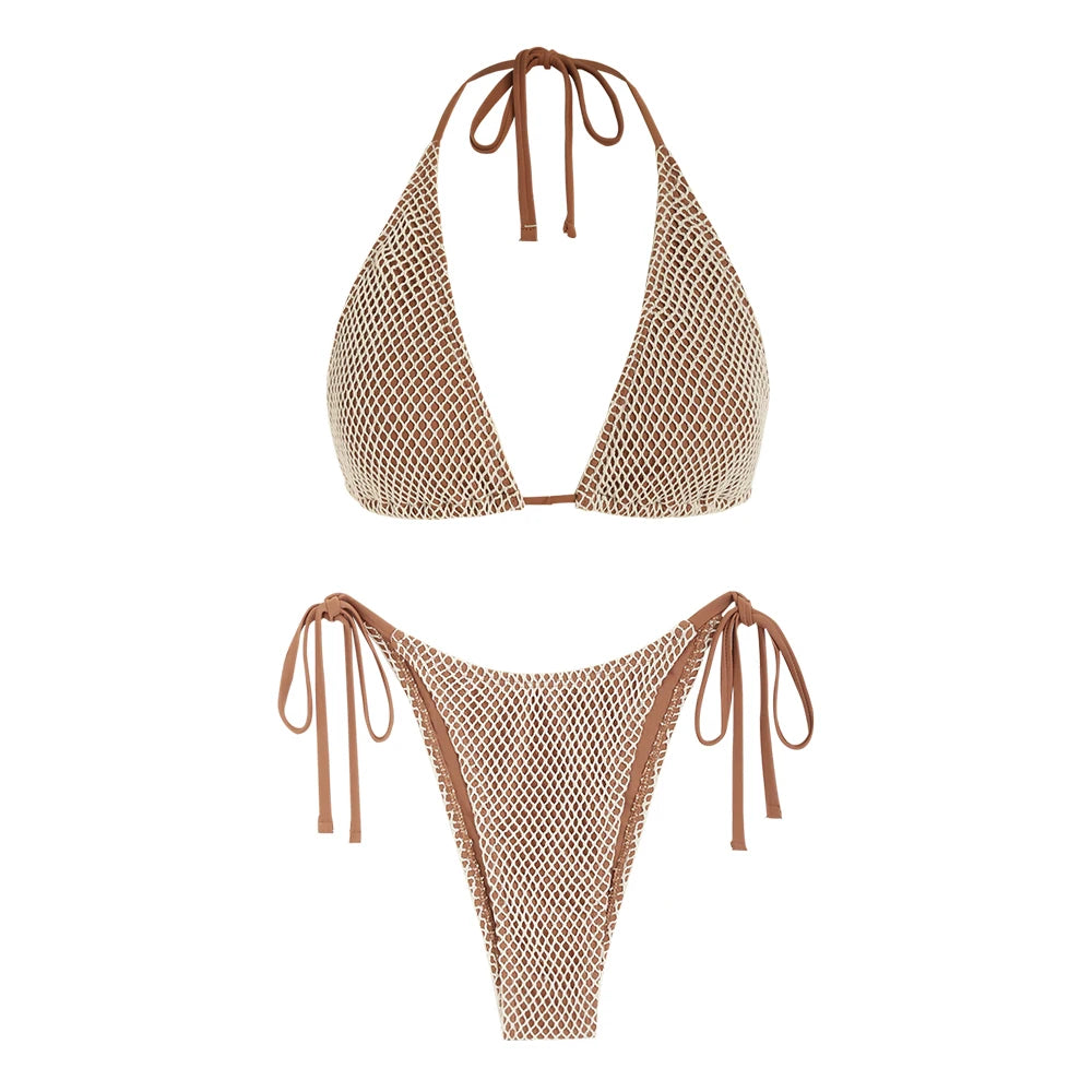 Women's Swimsuit Swimwear Matching Multiway Contrast Fishnet Halter Bandeau Tie Side Tanga Two Piece Bikinis Female Bikinis Set