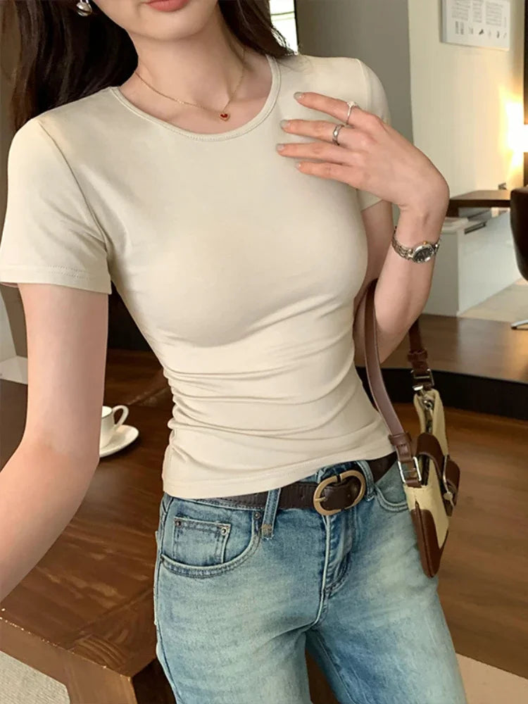 O Neck Solid T Shirt For Women Basic T-shirts Female Casual Tops Long Sleeve Sexy Slim Tees Korean Style Womens Clothin 2025g