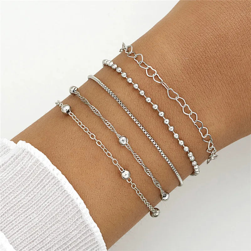 YOBEST 2024 New Heart Beads Chain Bracelets for Women, Silver Color Trendy Geometric Bracelets Set, Party Jewelry Accessories
