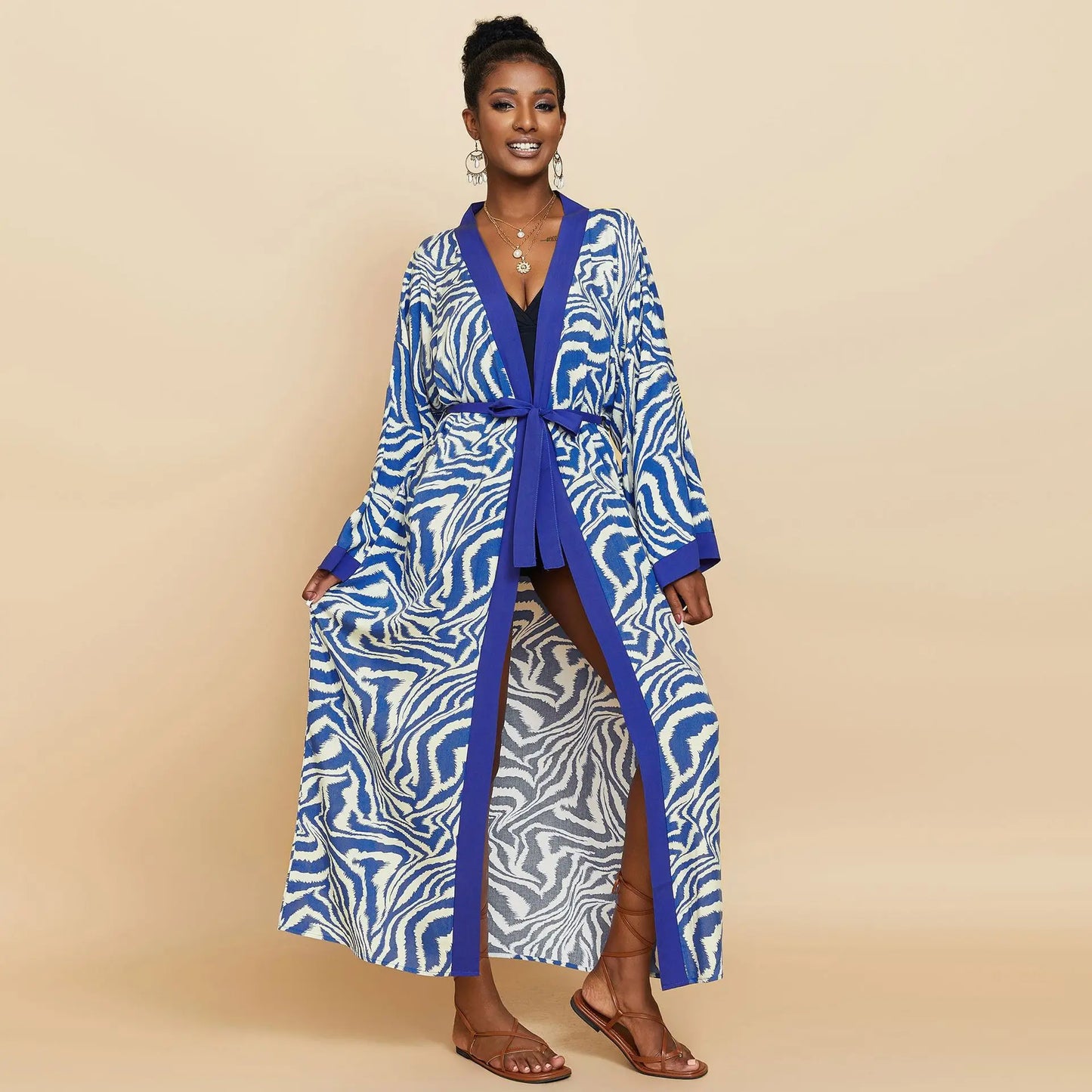 Women Long Beach Kimono Curve Hem Loose Open Front Tie Dye Bathing Suit Cover up