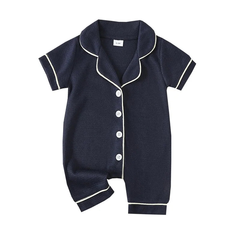 0-24months Baby Romper Pajama Lapel Neck Short Sleeve Trim Button Down Waffle Jumpsuit Infant Toddler Boys And Girls Sleepwear