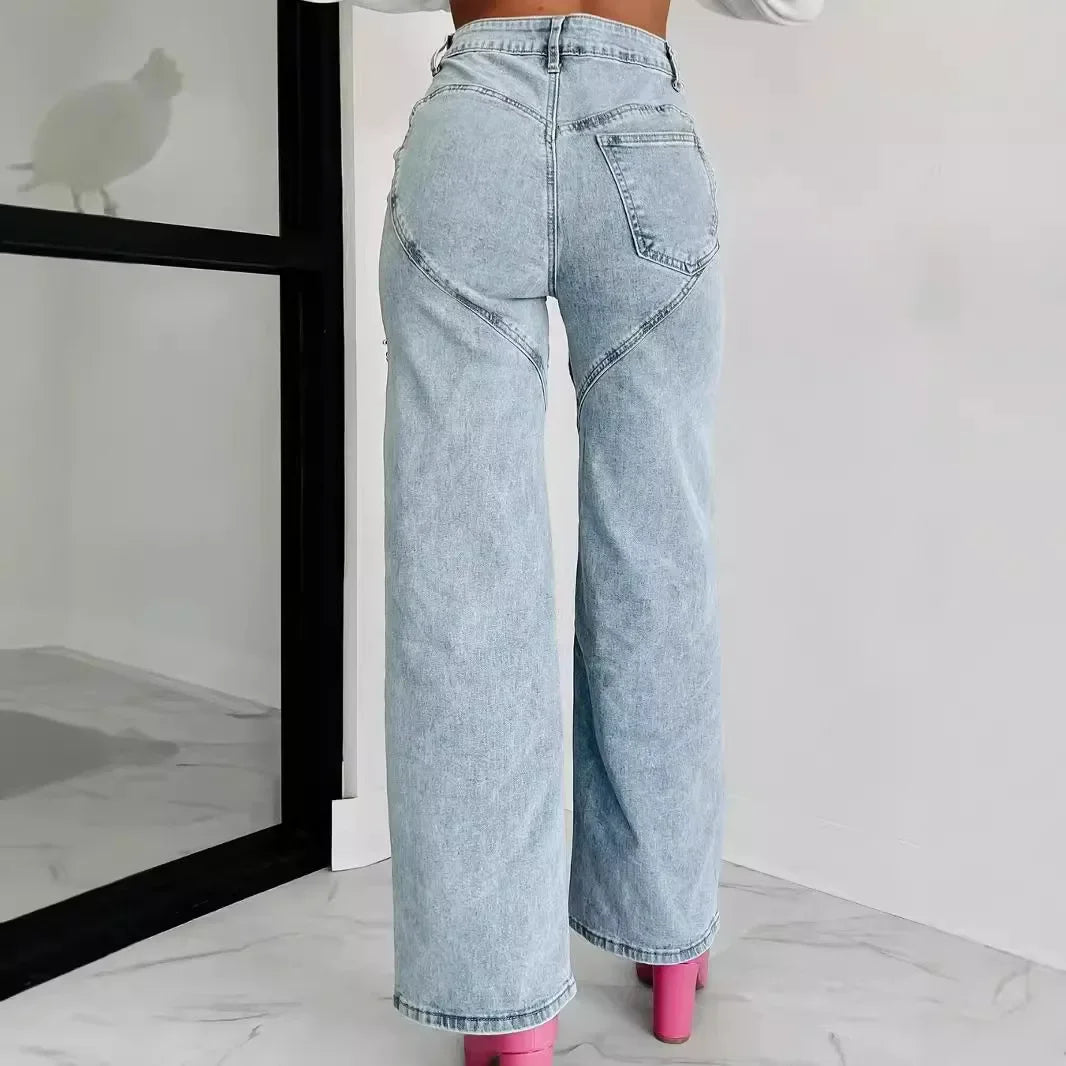 Fashionable Casual Women's Jeans Hole Design Straight Leg Spring Summer 2024 Cross-Border Independent Station Wish
