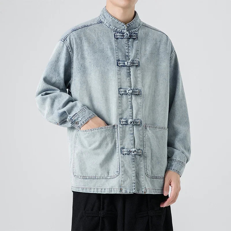 2024 Chinese Style Denim Jacket Men Streetwear Oriental Clothes Autumn Male Jeans Coat Vintage Fashion Hip Hop Loose Outwear