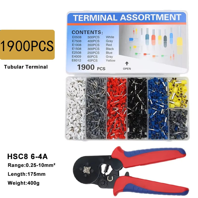 VE Tubular Crimping Terminal Ferrule Kit with 800-1900PCS HSC8 6-4A 0.25-10mm² Pliers Mini Wire Ferrule Fixture Kit