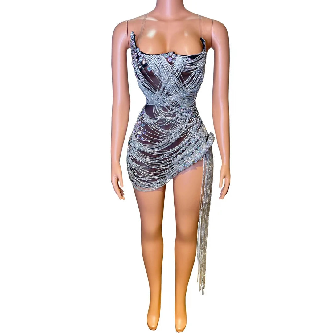 Bling Bling Diamond Fringe Dress Sexy Spaghetti Straps Birthday Party Dress Robe De Soiree Summer Night Out Club Costume Luoli