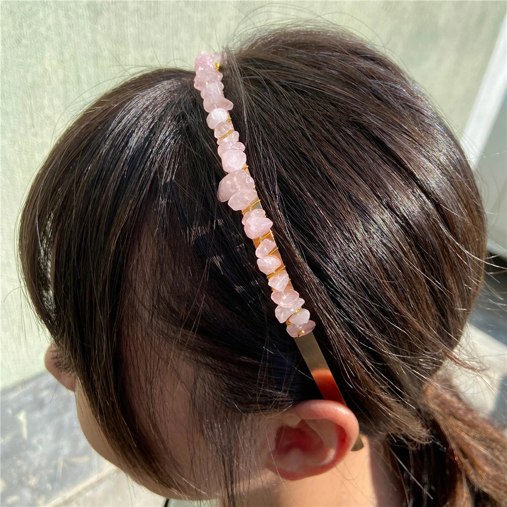 Colorful Natural Stone Aquamarine Crystal Gravels Chips HairBand Women Girl Healing Headwear Hair Accessories Handmade Jewelry